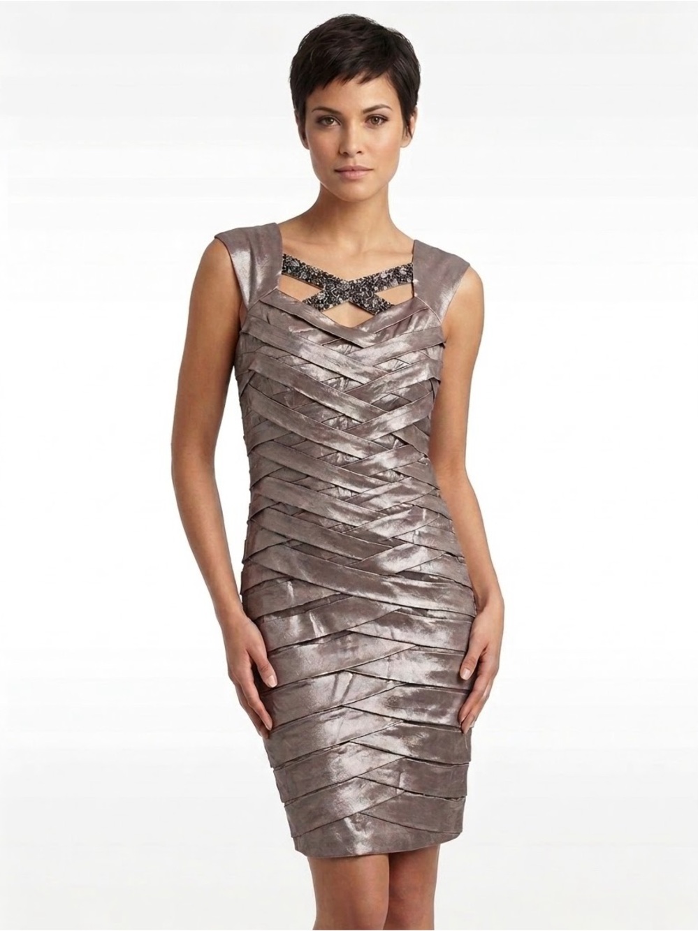 Metallic Taupe Midi Dress with Cap Sleeves